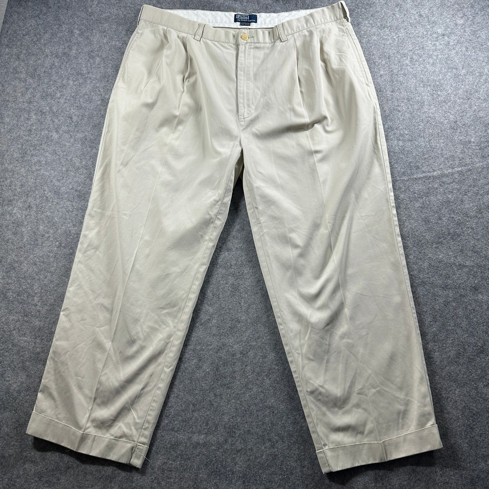 Polo Ralph Lauren Hammond Pant Mens 40x27 Khaki Pleated Cuffed Cotton Chinos